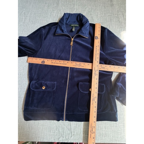 Lauren Ralph Lauren Velvet Zip Jacket Navy Blue Gold Button Pockets Women XL - Picture 5 of 6